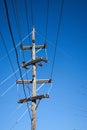 Power lines, insulator, wooden pole Royalty Free Stock Photo