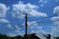 Electric power pole and high voltage cables. Royalty Free Stock Photo