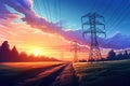 Power lines sunset anime visual novel game. Generate Ai Royalty Free Stock Photo