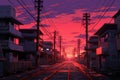 Power lines sunset city anime visual novel game. Generate Ai Royalty Free Stock Photo