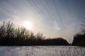 Power lines, sunset and forest Royalty Free Stock Photo