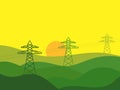 Power lines at sunset. Wavy landscape in a minimalist style with power pylons. Transmission towers and green fields . Design for Royalty Free Stock Photo