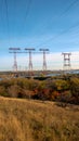 Power lines transmit electricity by wire, high voltage Royalty Free Stock Photo