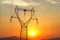 Power lines and trees silhouetted against a cloudy sky at sunset. Royalty Free Stock Photo