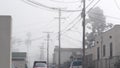 Power lines or wires on poles California city street, USA. Electricity supply.