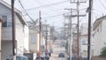 Power lines or wires on poles California city street, USA. Electricity supply.