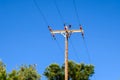 Power lines on a wooden pole Royalty Free Stock Photo