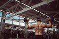 Rear view of young man with bar flexing muscles in gym Royalty Free Stock Photo