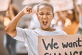 Power, motivation and scream protest of a black woman protesting for social change. Portrait of a young woman activist