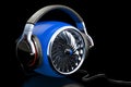 Power music concept, blue turbine with headphones. 3D rendering