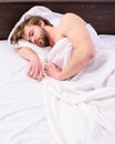 Power napping may help you get through day. Have nap relax. Man sleepy drowsy unshaven bearded face covered blanket Royalty Free Stock Photo