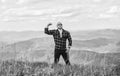 Power of nature. Man stand on top of mountain landscape background. Natural power. Masculine power. Tourist walking