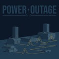 Power outage alert. Retro poster in monochromatic colors. Infographics, houses, buildings, mall, transformer, electrical network