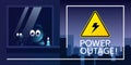 Power outage banner with a warning sign with lightning symbol and kid with a cat in the window. Vector illustration Royalty Free Stock Photo