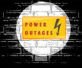 Power outage. Flashlight beam of light, warning sign on the dark wall. Vector illustration, poster, banner. Royalty Free Stock Photo