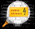 Power outage. Flashlight beam of light, warning sign. Vector illustration, poster, banner.