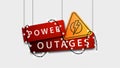 Power outage, red volumetric signboard with warning yellow symbol and doesn`t shine garland isolated on white background