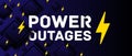 Power outage text on dark blue background with yellow energy icons. Modern banner with squares and shadow. Vector Royalty Free Stock Photo