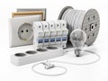 Power outlets, electric cables, fuse holders and lightbulb. 3D illustration