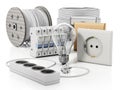 Power outlets, electric cables, fuse holders and lightbulb. 3D illustration