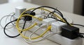 Power Overload! Extension Cord Chaos: A Tangled Web of Plugs, Adapters, & Cables. Avoid Fire Hazards! #Electricity #Tech # Royalty Free Stock Photo