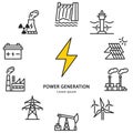 Power plant circle banner with flat line icons. Vector illustration power generation. Infographics energy generation Royalty Free Stock Photo