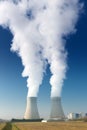 Power plant cooling towers steaming Royalty Free Stock Photo