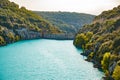 Power plant dam in France, Provence, lake Saint Cross, gorge Verdone, azure water of the lake and slopes of mountains on