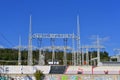 Power plant - electrical energy substation.- High voltage pylons. Concept for technology and industry. Rising energy prices Royalty Free Stock Photo