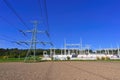 Power plant - electrical energy substation.- High voltage pylons. Concept for technology and industry. Rising energy prices - Royalty Free Stock Photo