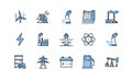 Power plant flat line icons set blue color. Energy generation station. Vector illustration alternative renewable energy Royalty Free Stock Photo