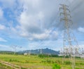 Power plant with high voltage electricity power line landscape countryside Royalty Free Stock Photo