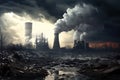Power plant polluting the environment. Global warming concept. 3D rendering, Coalfired power plant with plumes of smoke and steam