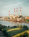 A power plant with with smoke stacks, seen from the Ed Koch Queensboro Bridge, New York City