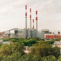 A power plant with with smoke stacks, seen from the Ed Koch Queensboro Bridge, New York City Royalty Free Stock Photo