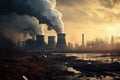 Power plant with smoking chimneys. Global warming and climate change concept, Coalfired power plant with plumes of smoke and steam Royalty Free Stock Photo