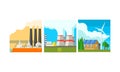 Power plant stations set, clean and polluting energy generation production vector Illustration