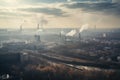 power plant surrounded by urban sprawl, with smoke rising from its chimneys