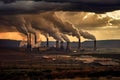 power plant surrounded by urban sprawl, with smoke rising from its chimneys