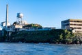 Power plant, Water Tower and the Model Industries building at Alcatraz Island Prison, San Francisco California USA, March 30, 2020 Royalty Free Stock Photo