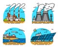 Power plants icons. Industrial buildings. Nuclear Factories, Chemical Geothermal, Solar Wind Tidal Wave Hydroelectric Royalty Free Stock Photo