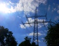 Power pole in front of blue sky with sun Royalty Free Stock Photo