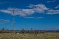 Power pole stands among coniferous green pine trees on dry yellow grassy steppe of lake Baikal nature. Blue mountains Royalty Free Stock Photo