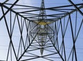 Power pylon shot from below Royalty Free Stock Photo