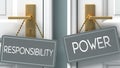 Power or responsibility as a choice in life - pictured as words responsibility, power on doors to show that responsibility and