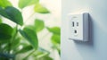 Power socket on white wall with green plant background, close up Royalty Free Stock Photo