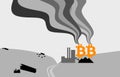 Power station with bitcoin cooling towers illustration, bitcoin mining using fossil fuels