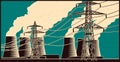 Power station and high-voltage lines in retro style Royalty Free Stock Photo