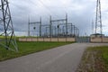 Power station for making electric. High voltage electric pole and transmission lines. Electricity pylons. Royalty Free Stock Photo