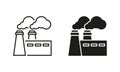 Power Station with Smoke Line and Silhouette Icon Set. Industrial Factory Pictogram. Plant Production Nuclear Pollution